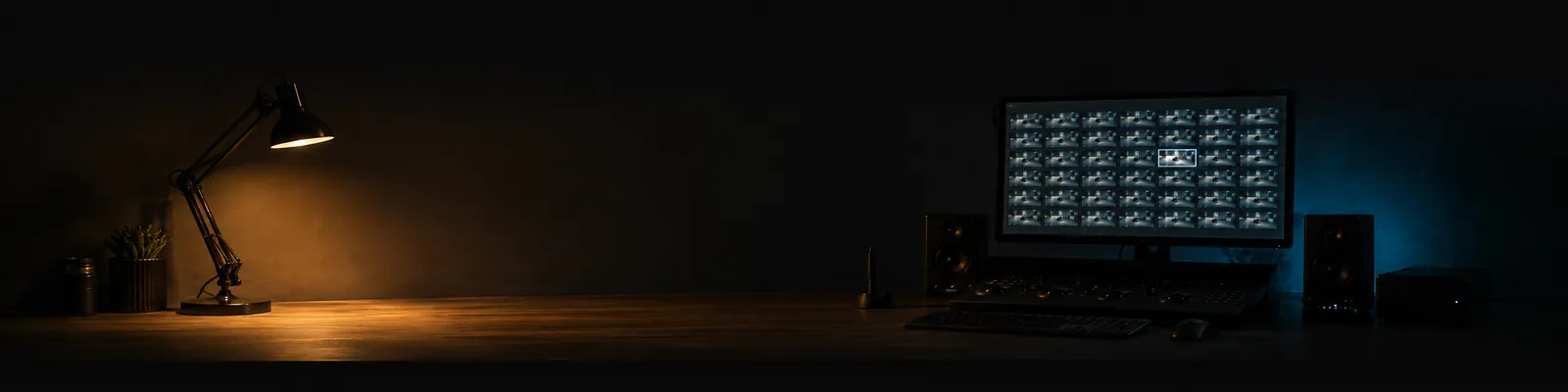 Ein dunkler Schnittplatz: auf dem Monitor ein Raster vieler fast gleicher Videobilder, eines davon hell hervorgehoben. Links eine warme Schreibtischlampe.