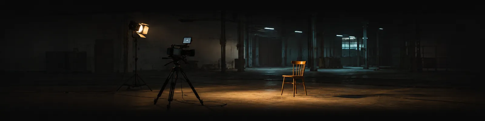 Ein aufgebautes Interview in einer Werkhalle: ein leerer Holzstuhl im Lichtkegel, davor eine Filmkamera auf einem Stativ.