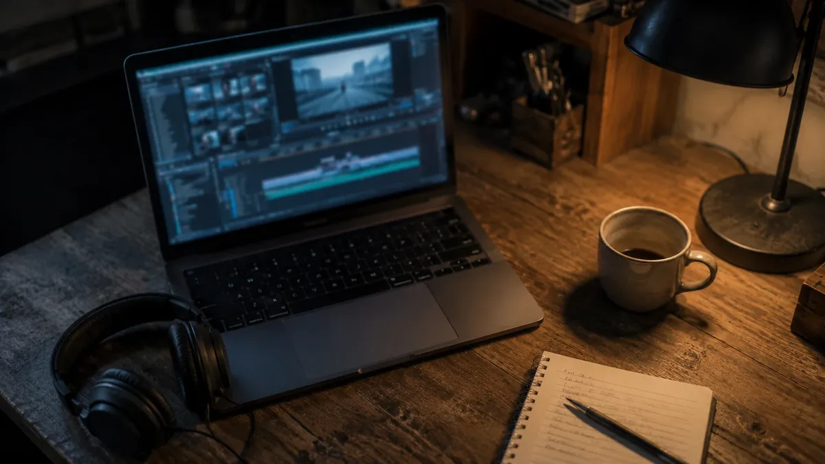 Ein Laptop mit geöffnetem Schnittprogramm auf einem Holztisch, daneben Kopfhörer, ein Notizblock und eine Tasse Kaffee.